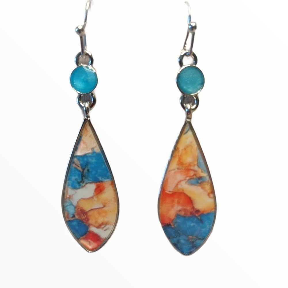 NEW HAND PAINTED SILVER DANGLE DROP EARRINGS BLUE ORANGE GLASS EARRINGS DANGLE - Picture 1 of 5